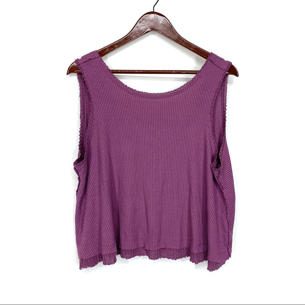 Free People Solid Purple Oversized Tank Low Back Wide Neck Raw Layer Hem Size XS